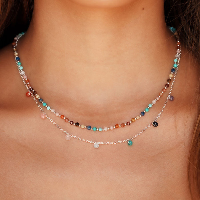 3mm Master Healer Dewdrop Necklace, layered on neck silver chain