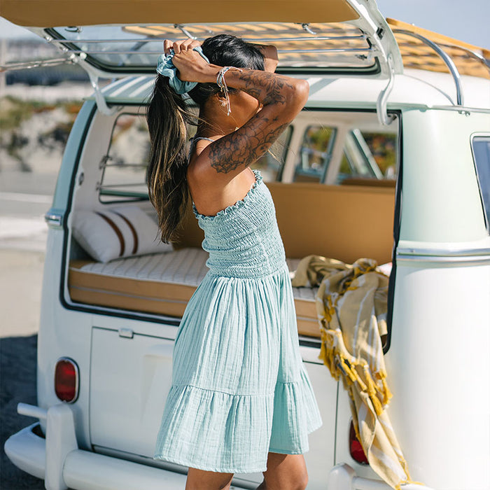 Aqua Daiquiri Dress, back view by a van