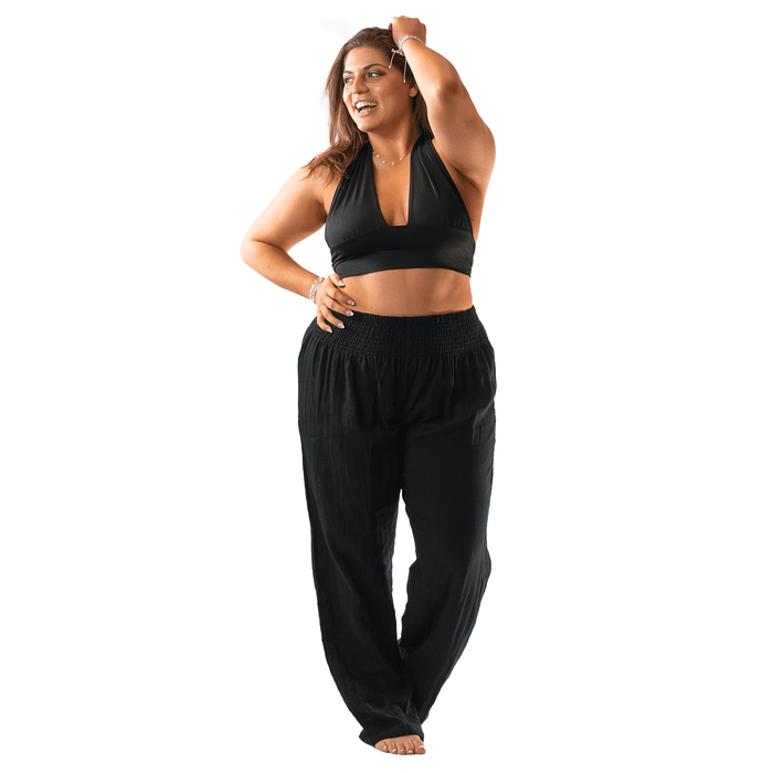 Black Wide Leg Cotton Pants, front, arm raised