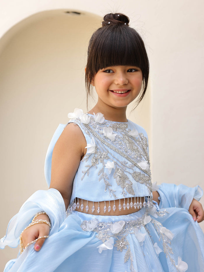 Blue Embroidered Kids Festive Lehenga Set