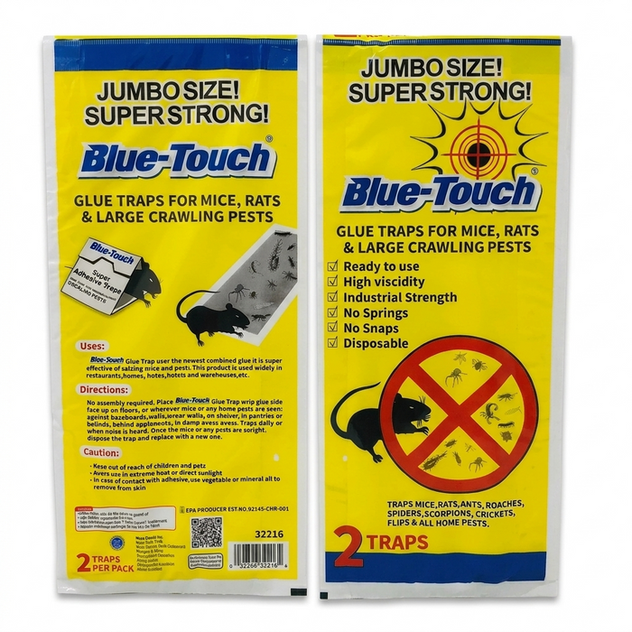 Two packages of Blue-Touch glue traps for mice, rats, and large crawling pests on a white background.