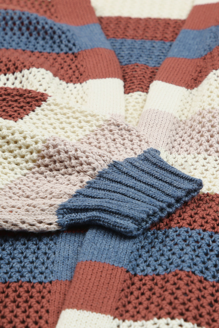 Cardigan en tricot évidé à rayures bleues et blocs de couleurs-A WOMAN WE LOVE