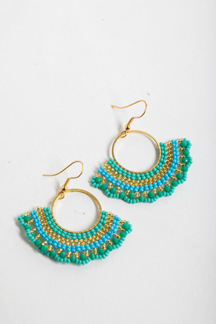 boho beaded fan earrings in turquoise