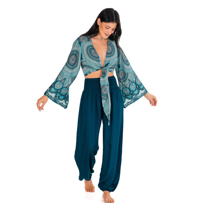 Deep Teal Harem Pants, worn in motion