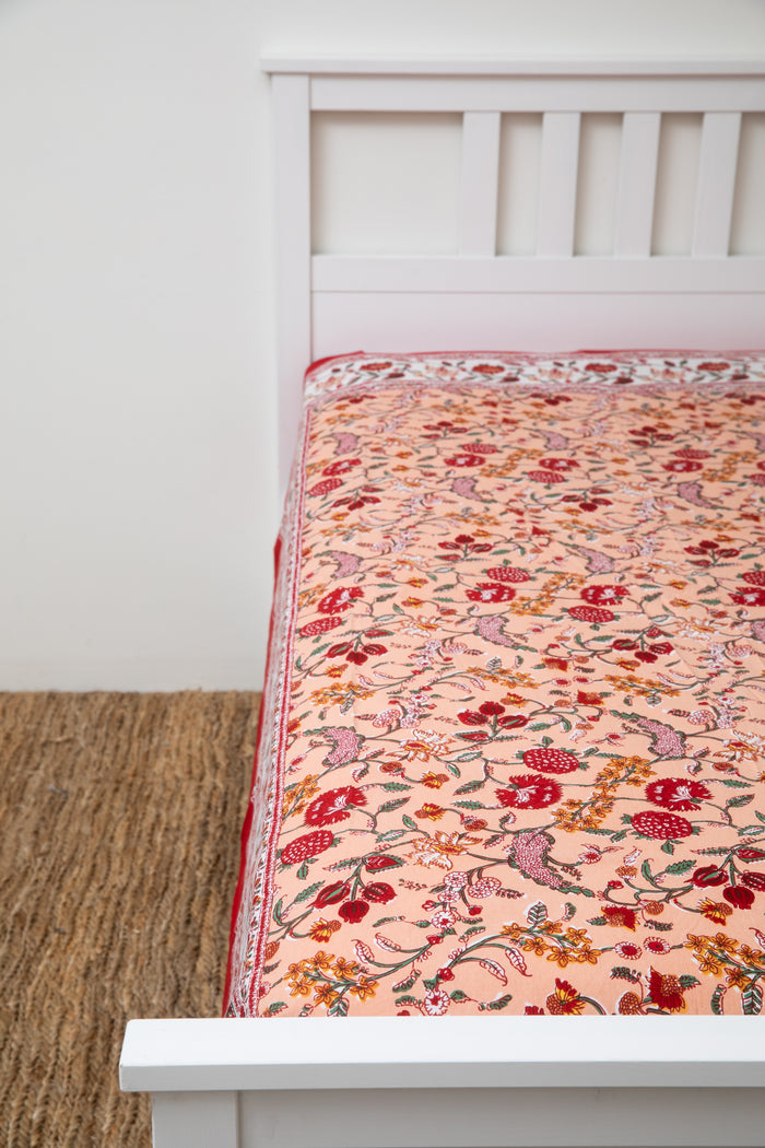 Block print floral tapestry in peach