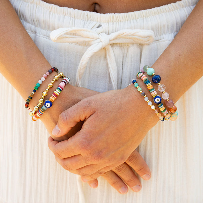 Gold Mixed Stretch Bead Bracelet, stacked on both wrists