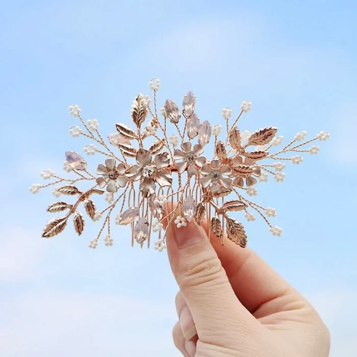 Wedding Hair Accessories - Rose Gold Swarovski Pearl and Opal Bridal Hair Comb