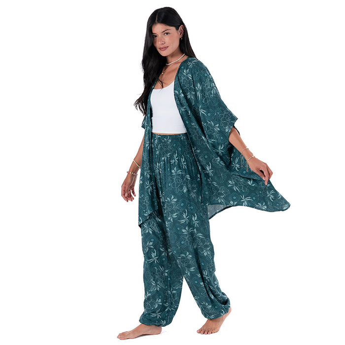 Jade Dahlia Kimono, worn over pants