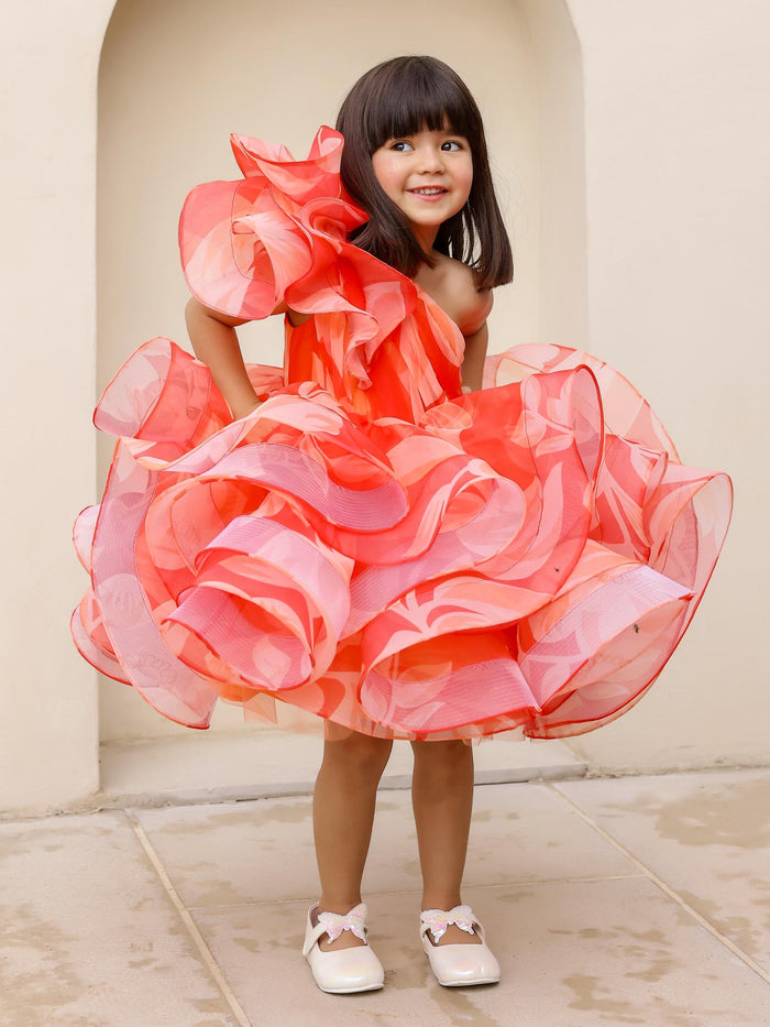JANYAS CLOSET : Elegant Orange One-Shoulder Floral Organza Dress