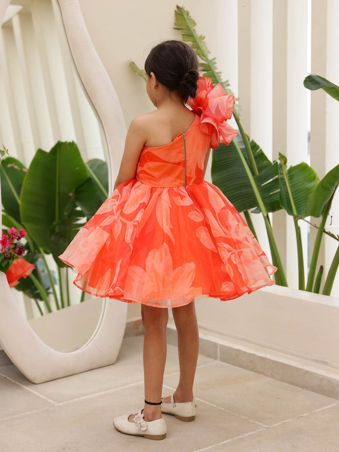 JANYAS CLOSET Orange Aria One Shoulder Kids Party Dress