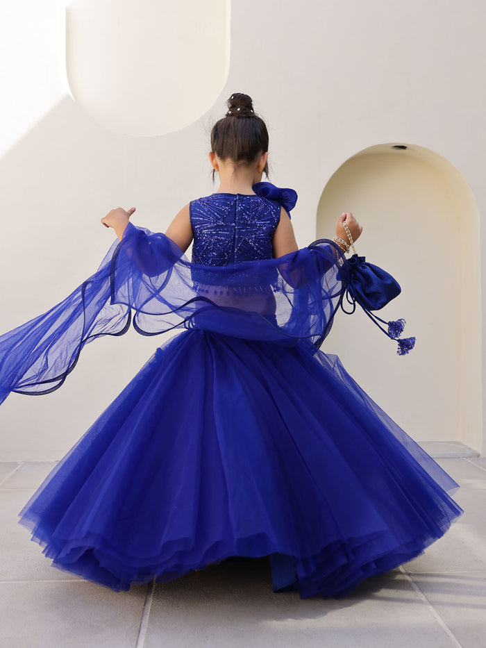 JANYAS CLOSET Royal Blue Pearl Sequin Lehenga Set for Girls