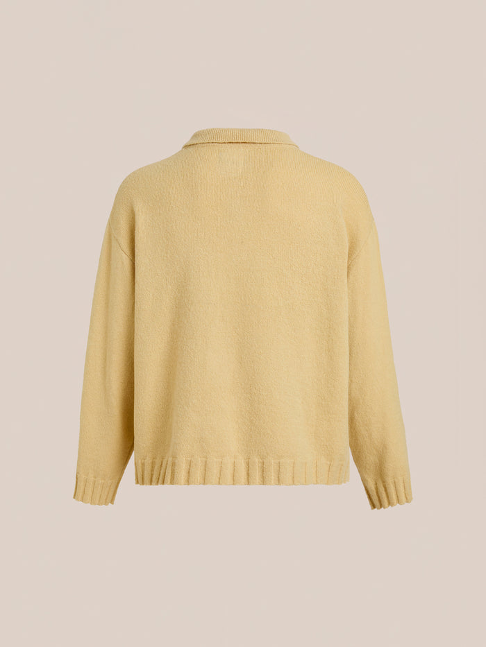 The FOUND Knit LS Polo Sweater, shown from the back against a plain light background, features soft beige brushed knit fabric.