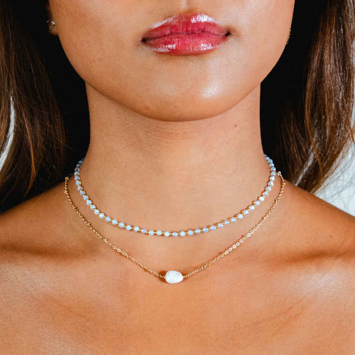 Moon Dancer 3mm Healing + Moonstone Necklace Stack, layered on the neck