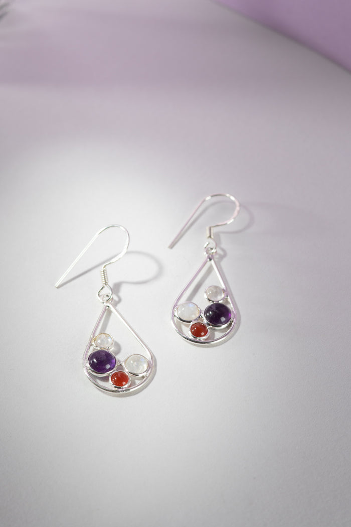 Multi Gemstone Teardrop Earrings in Rainbow Moonstone Amethyst and Carnelian