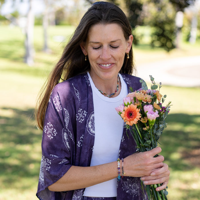 Mystic Plum Lounge Set, worn holding flowers