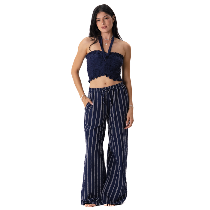 Navy Sailor Stripe Cotton Cabana Pants, front full length