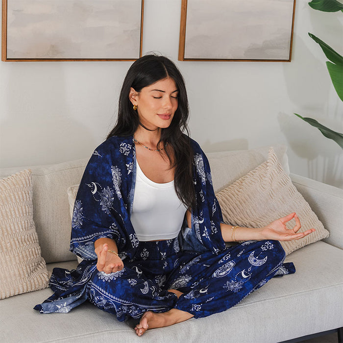 Nightfall Blue Lotus Moon Kimono, seated meditating