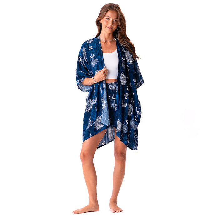 Nightfall Blue Lotus Moon Shorts, worn with a kimono