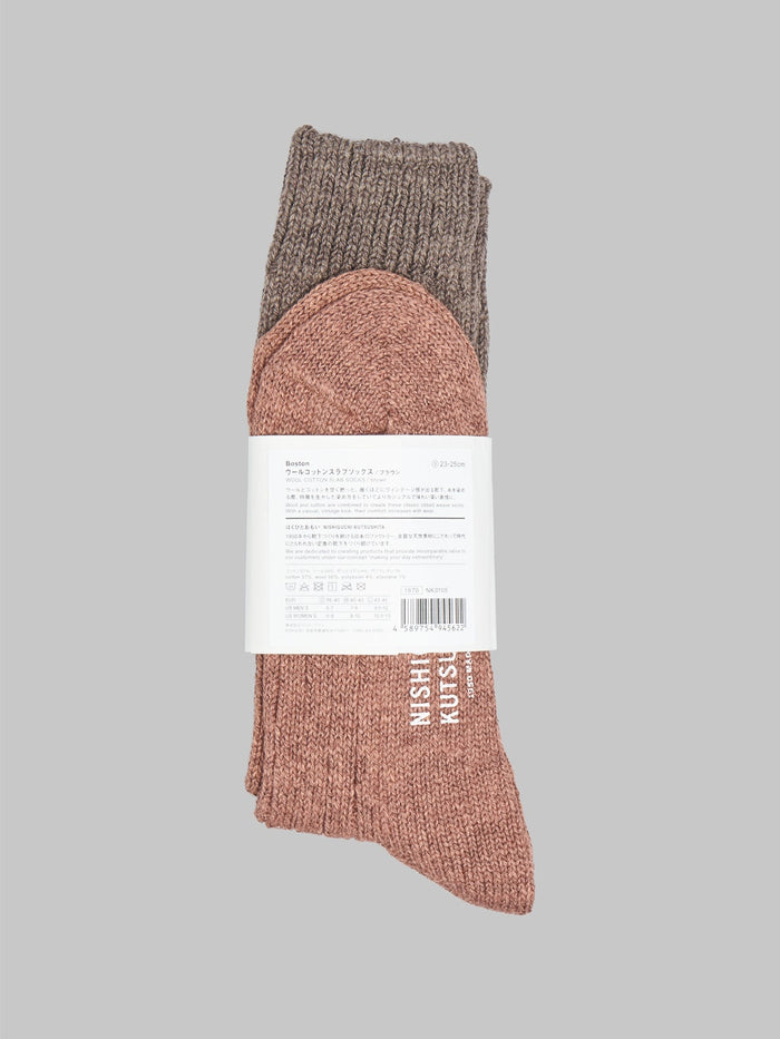 Nishiguchi Kutsushita Wool Cotton Slab Socks Brown Detail