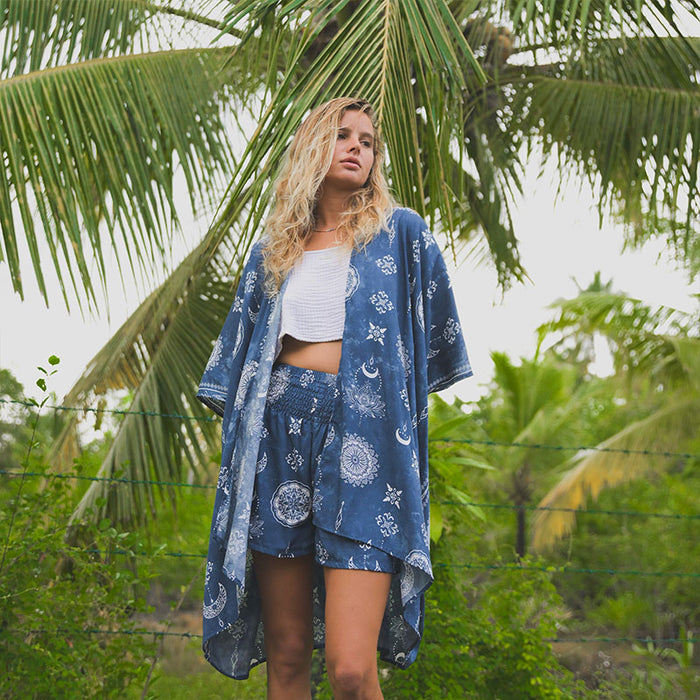 Nova Blue Shorts, worn with kimono