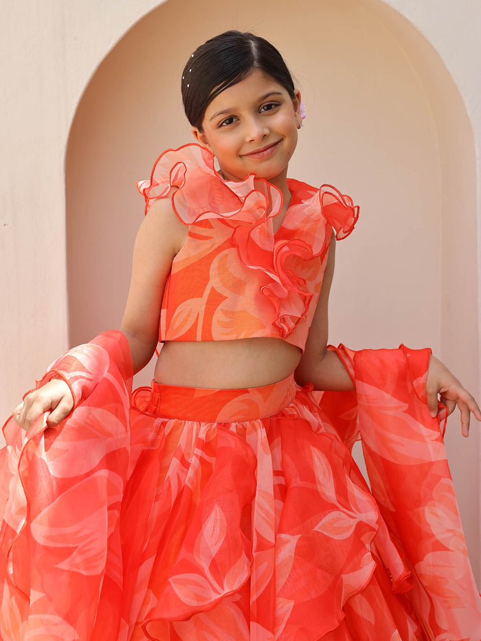 Orange Floral Ruffle Organza Festive Lehenga for Girls