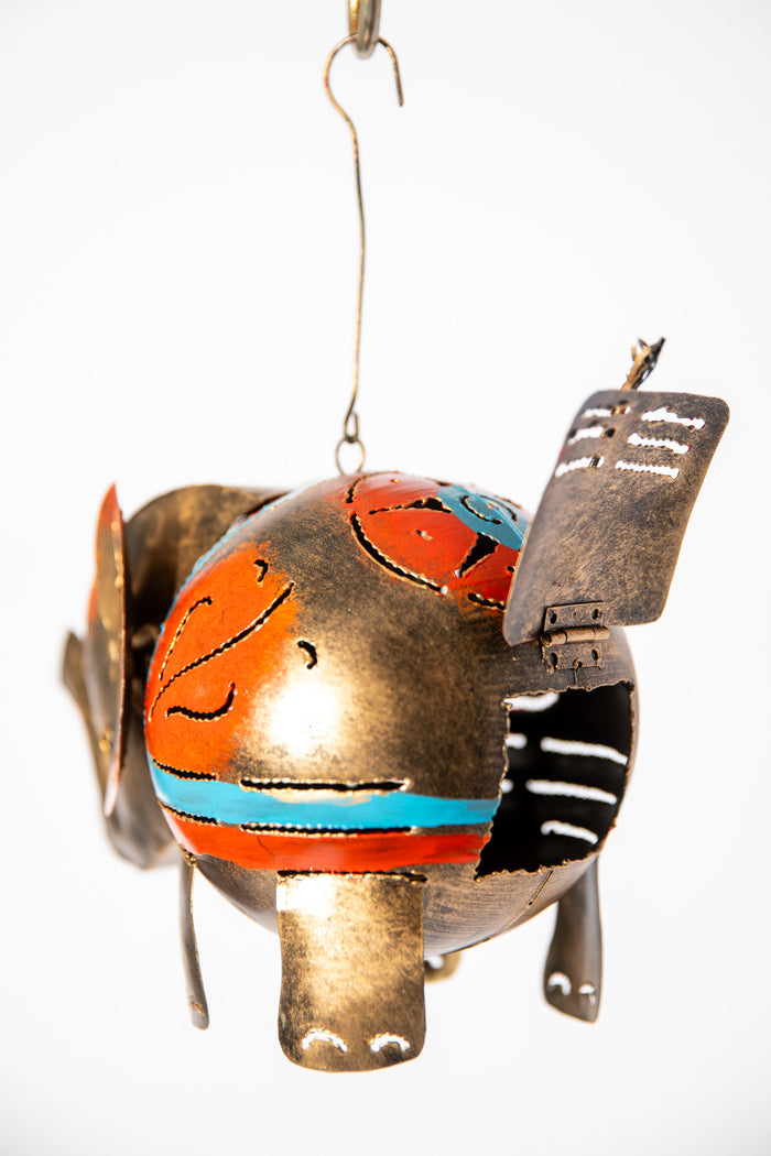 Large painted tin elephant lantern in brown