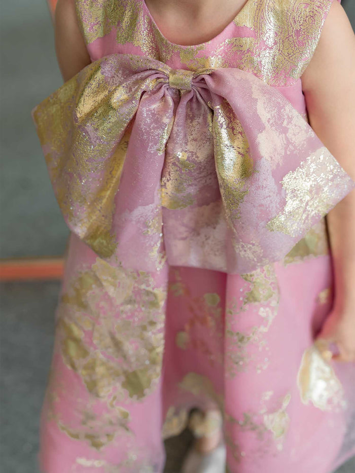 Pink Foil Printed A-Line Dress with Bow