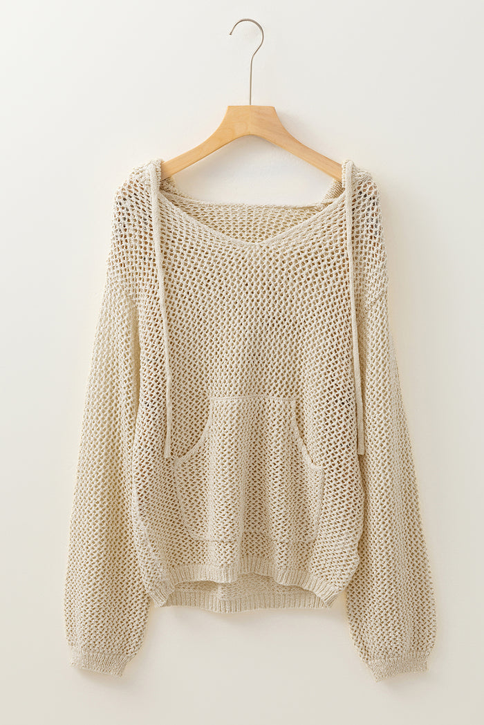 Pull à capuche avec poche kangourou ajourée et col en V