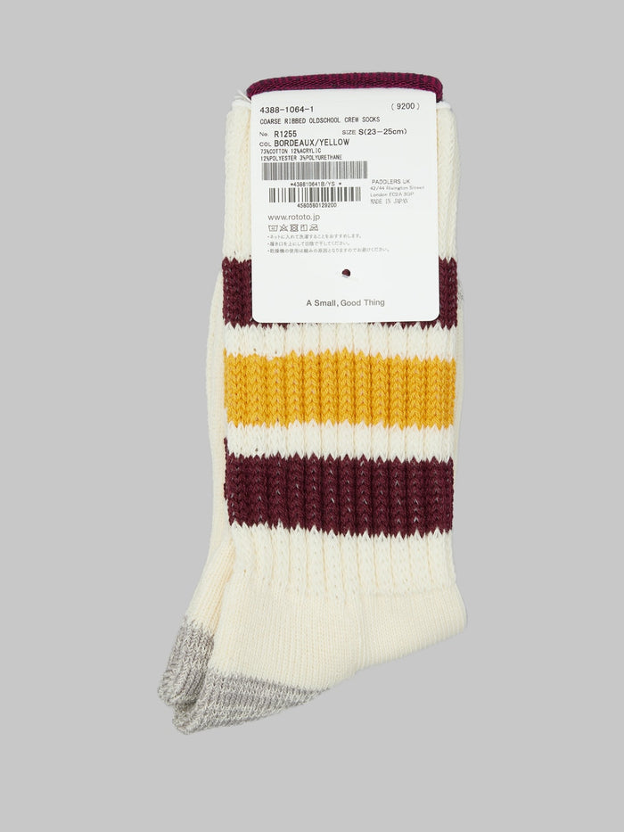 rototo coarse ribbed oldschool crew socks bordeaux yellow back label detail