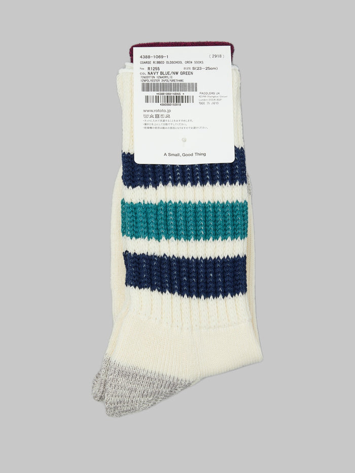 rototo coarse ribbed oldschool crew socks navy blue green back label details