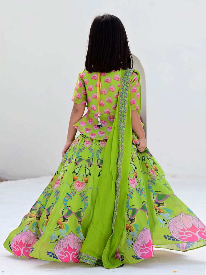 Sale JANYAS CLOSET Green Printed Lehenga Set with Peplum Top for Girls