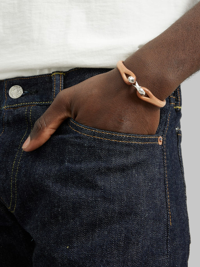 The Flat Head Leather Silver Single Bracelet Tan styled