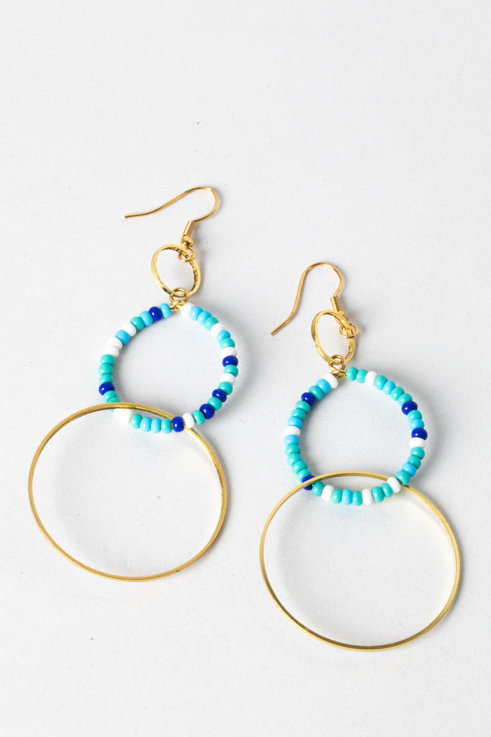 Three Ring Beaded Hoop Earrings in Blue