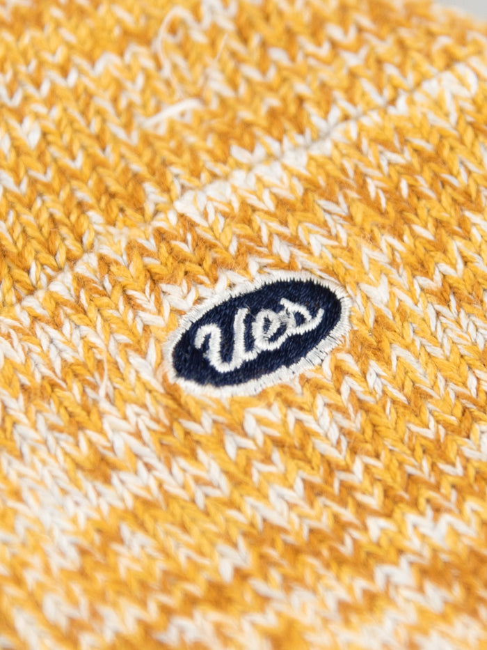 ues denim crew length socks yellow embroided logo