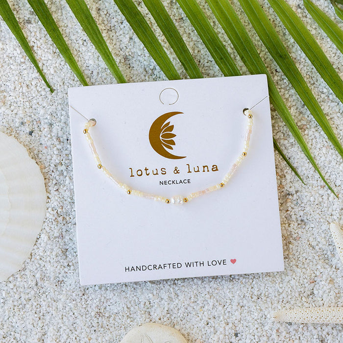 White Sand Beach Seed Bead Necklace, on brand card