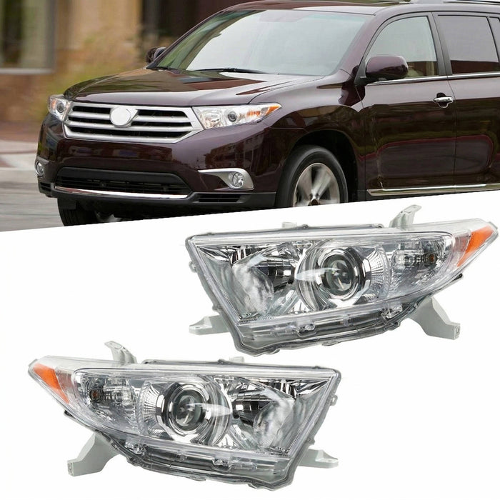 2011-2013 Toyota Highlander Chrome Headlights, Left & Right Side Headlamp Assembly Pair