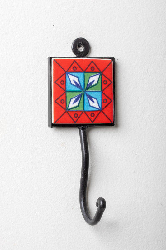 2x2 ceramic tile hook in red geometric floral
