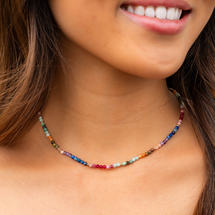 3mm Good Vibes + Heart Chakra Necklace Stack, on neck