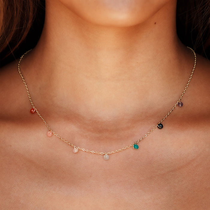 3mm Master Healer Dewdrop Necklace, gold chain on neck