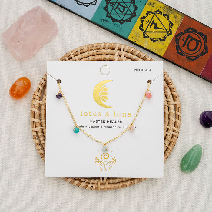 3mm Master Healer Dewdrop Necklace, on product card gold chain
