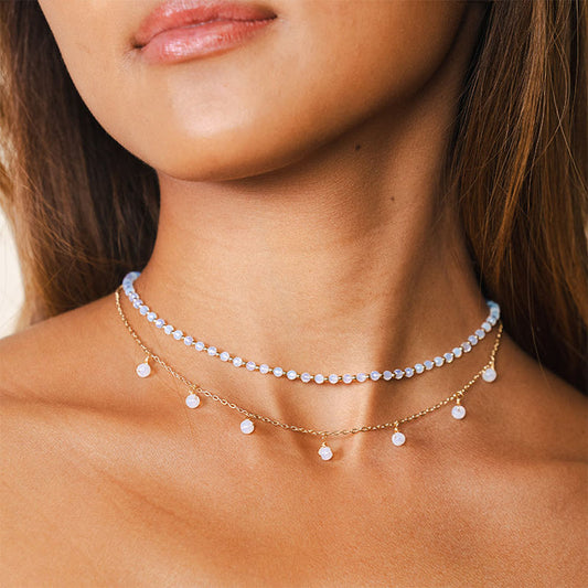 3mm Moon Dancer + 3mm Moonstone Dewdrop Stack, worn layered on neck