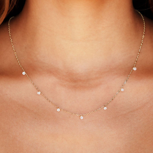 3mm Moonstone Dewdrop Necklace, worn on neck