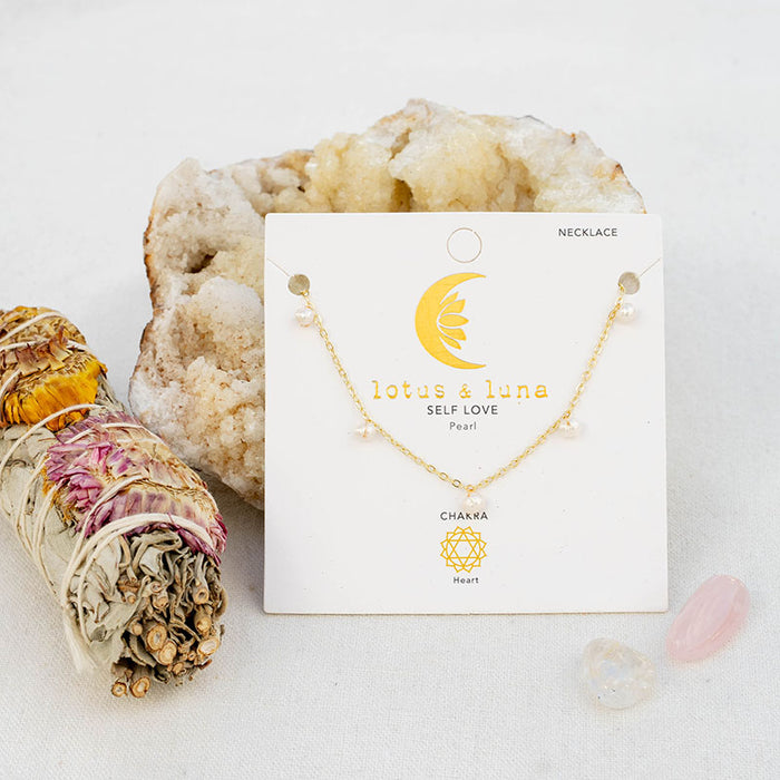3mm Self Love Dewdrop Necklace, on card with sage