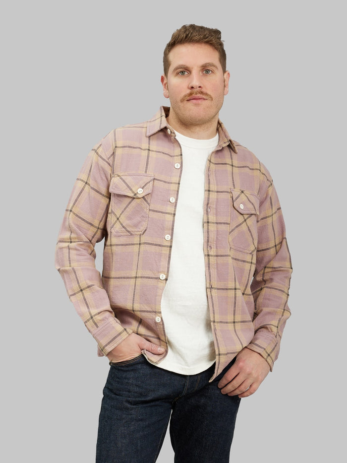3sixteen Crosscut Flannel Mauve Slub Check shirt model front fit open