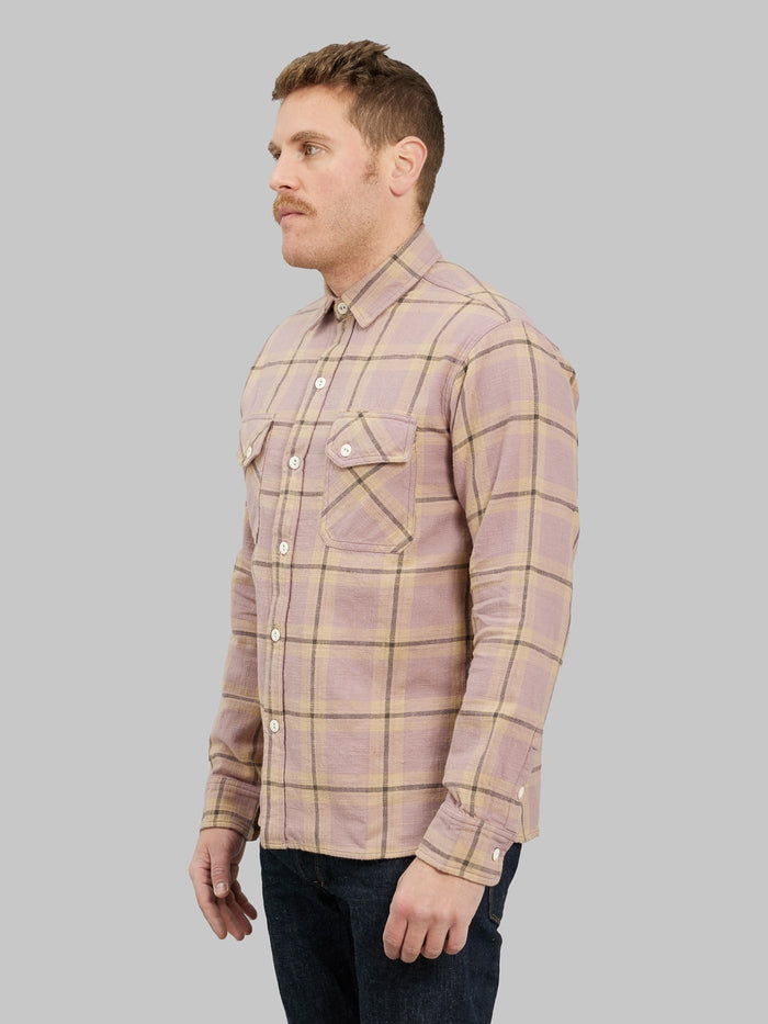 3sixteen Crosscut Flannel Mauve Slub Check shirt model side fit