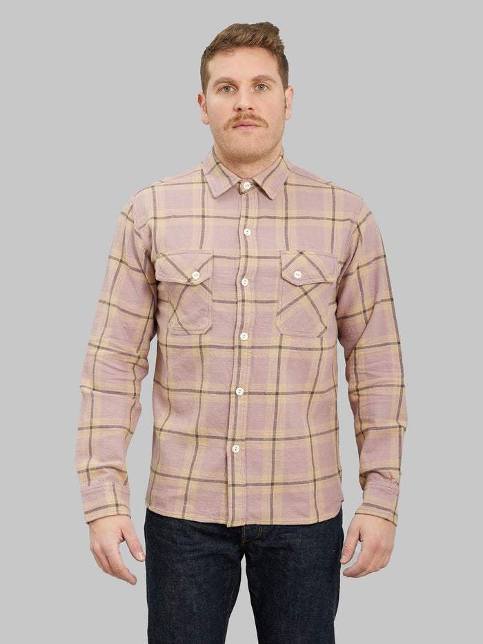 3sixteen Crosscut Flannel Mauve Slub Check shirt front bit buttoned