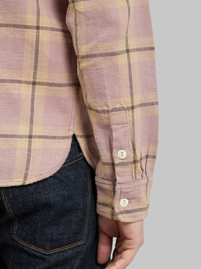 3sixteen Crosscut Flannel Mauve Slub Check shirt cuff closeup