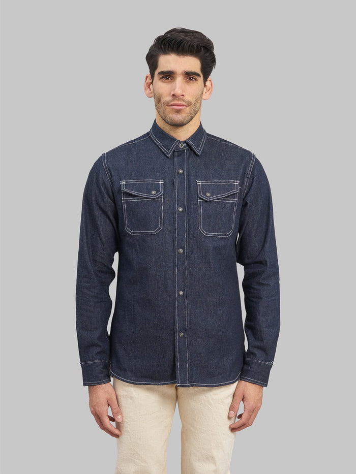 3sixteen Crosscut Western Indigo Denim Shirt model front fit