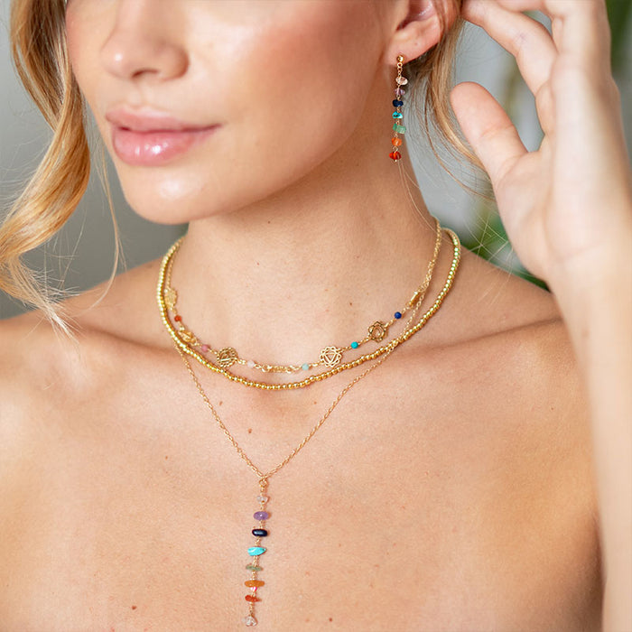 7 Chakra Raw Stone Jewelry Bundle, worn on neck and ear