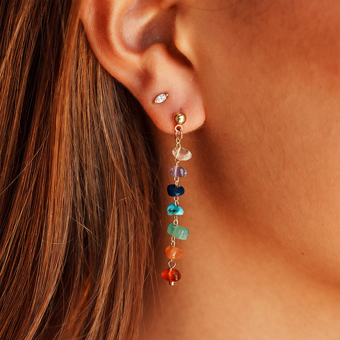 7 Chakra Raw Stone Jewelry Bundle, earring on ear